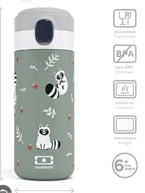 Kids Stainless Steel Water Bottle - Sage with Raccoon Print